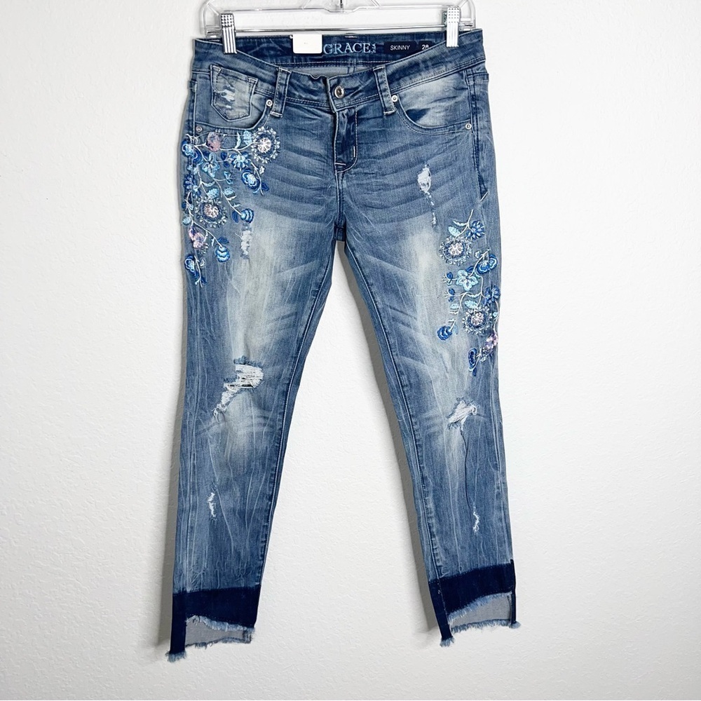 Grace in LA Jeans Women Size 28 Skinny Floral Embroidered Step Raw Hem D